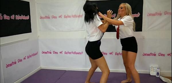  School-Uniform Bra and Panties match (Strip Wrestling Match) w. Loser gets Diaper ~ Amy Murphy vs Jessica Morgan || (JDoE not WWE)